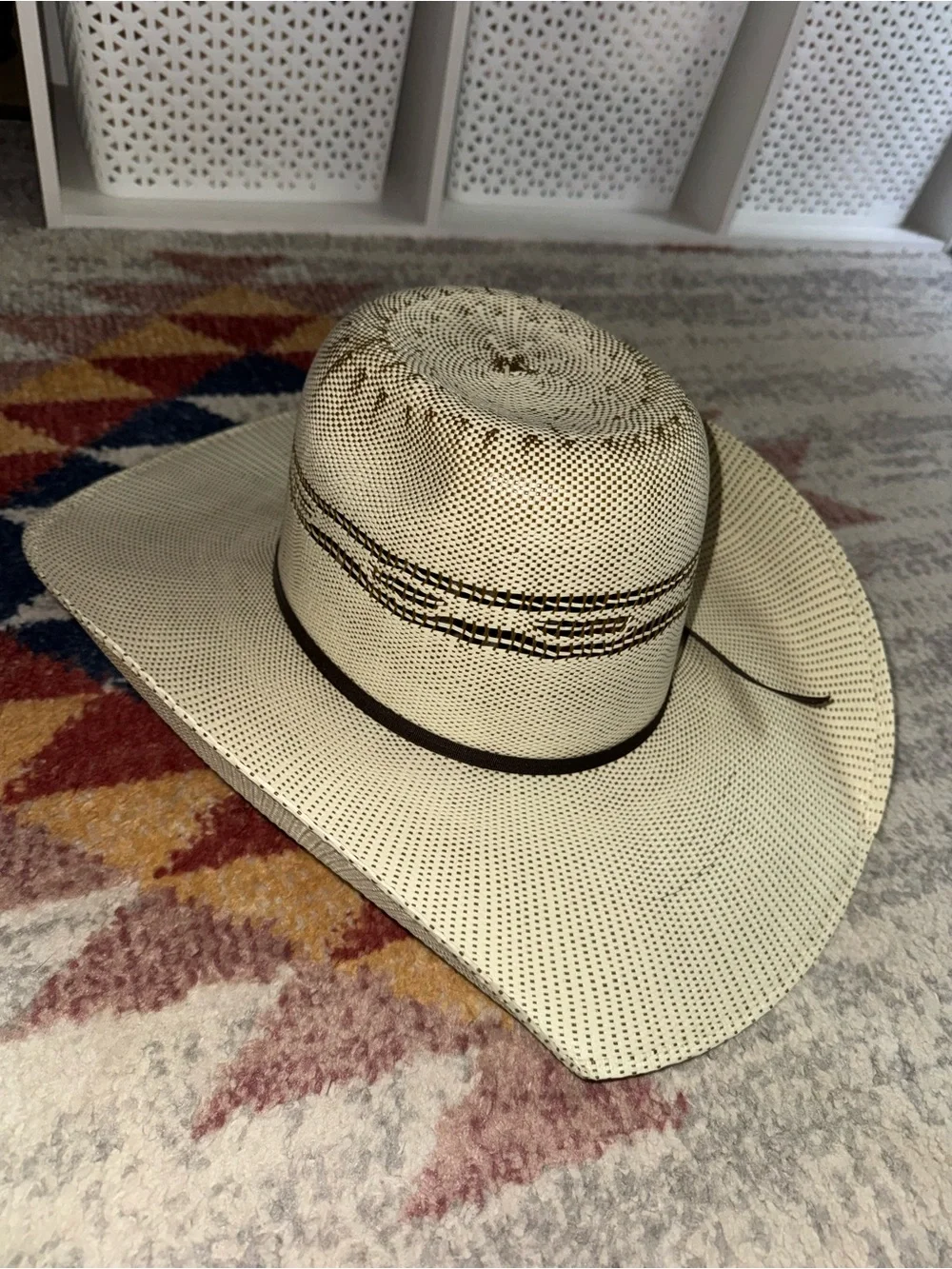 Ariat Cream Straw Hat with Brown Trim and Gold Logo